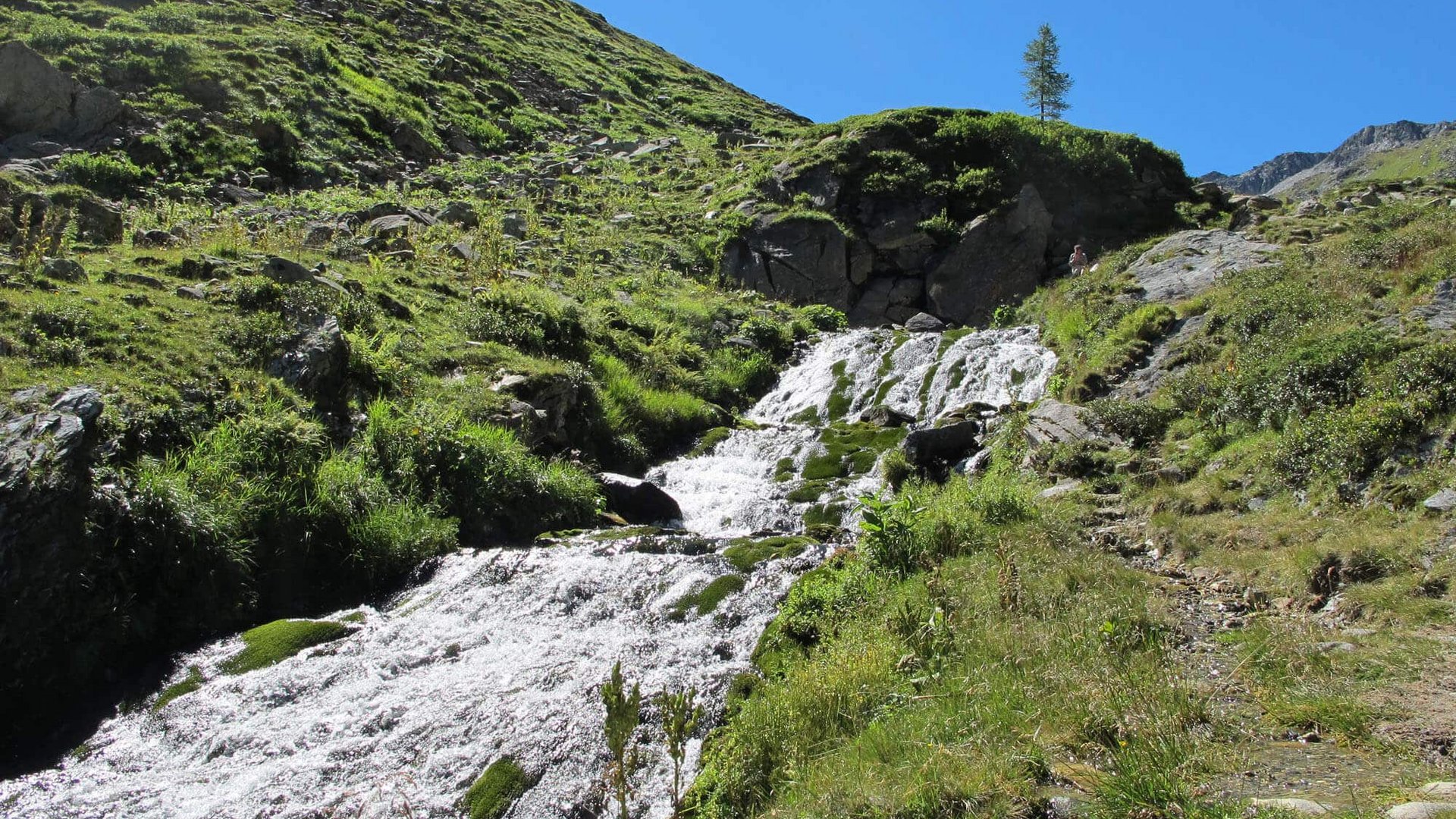 Mountain stream with waterfall and green meadows under clear blue sky