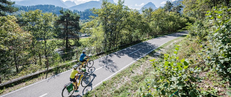 Two cyclists riding on a mountain path through a forested landscape