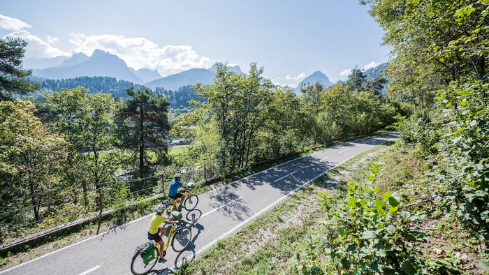 Two cyclists riding on a mountain path through a forested landscape