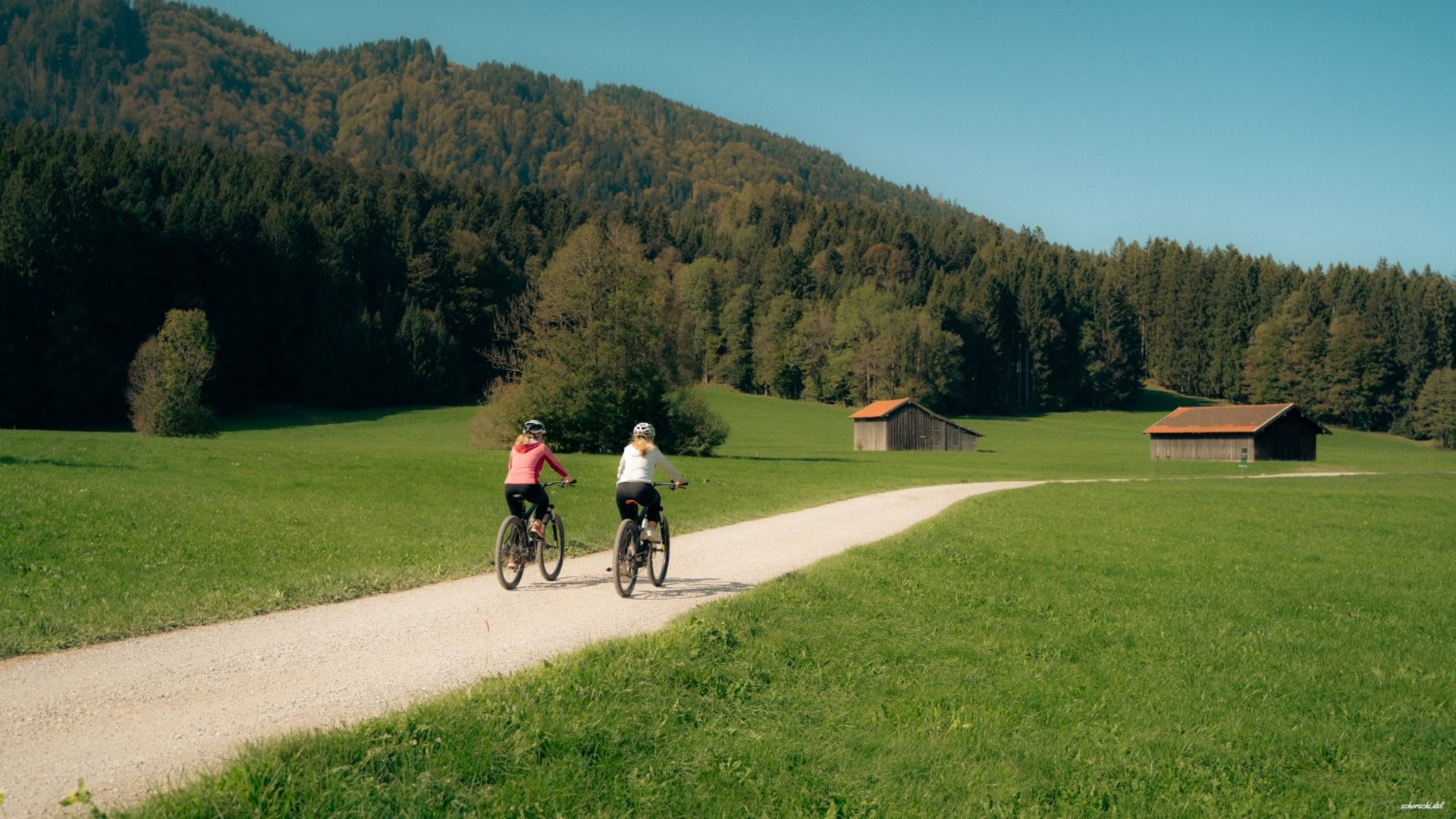 Two cyclists ride on a path through green meadows with huts and forest