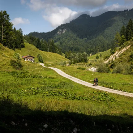 Fahrradfahrer auf Weg im grünen Tal mit Bergen im Hintergrund