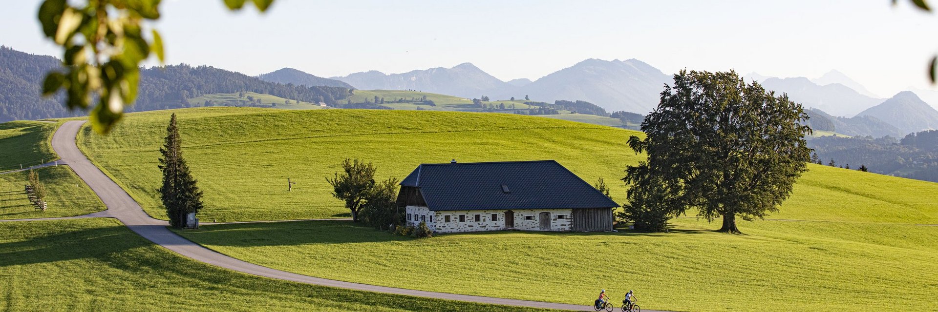 Cyclists on country road by house on green hill with mountains in background