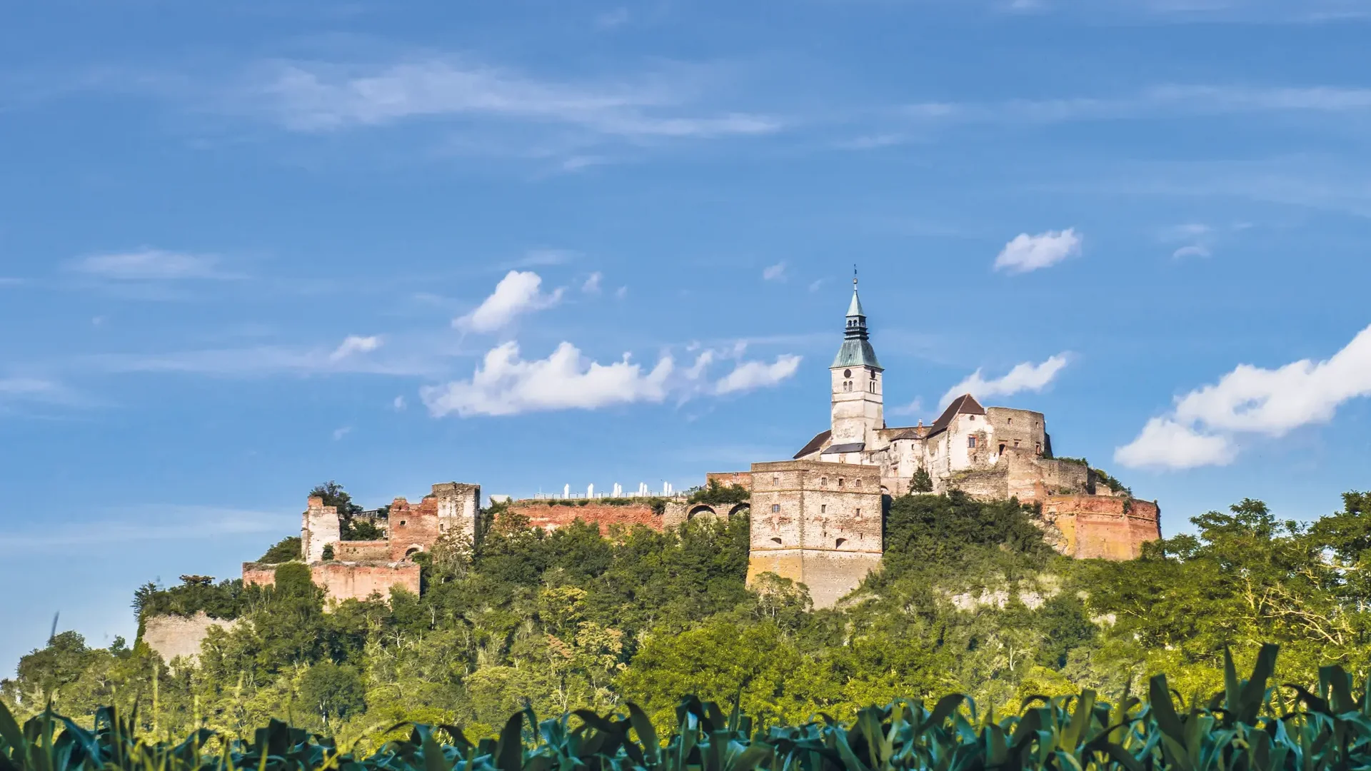 Burg auf bewachsenem Hügel unter blauem Himmel