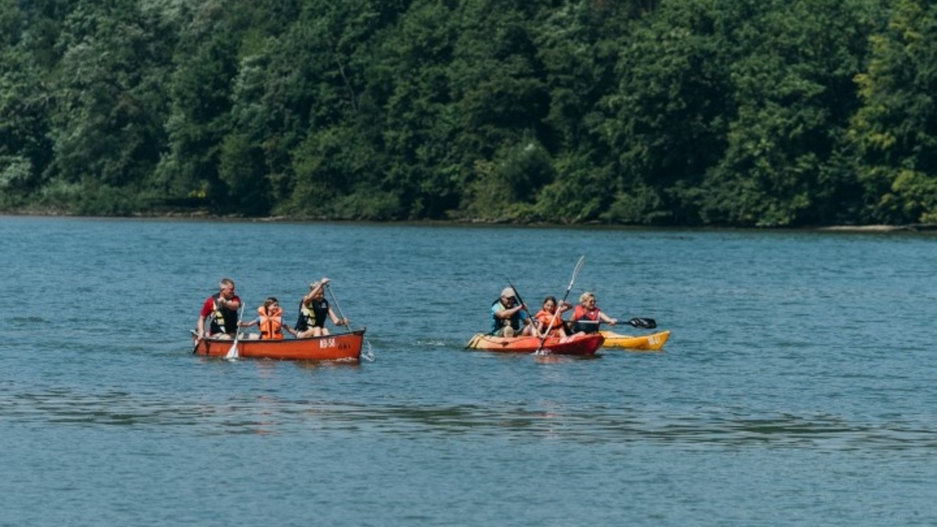 People paddling canoes on a lake with a forested shore