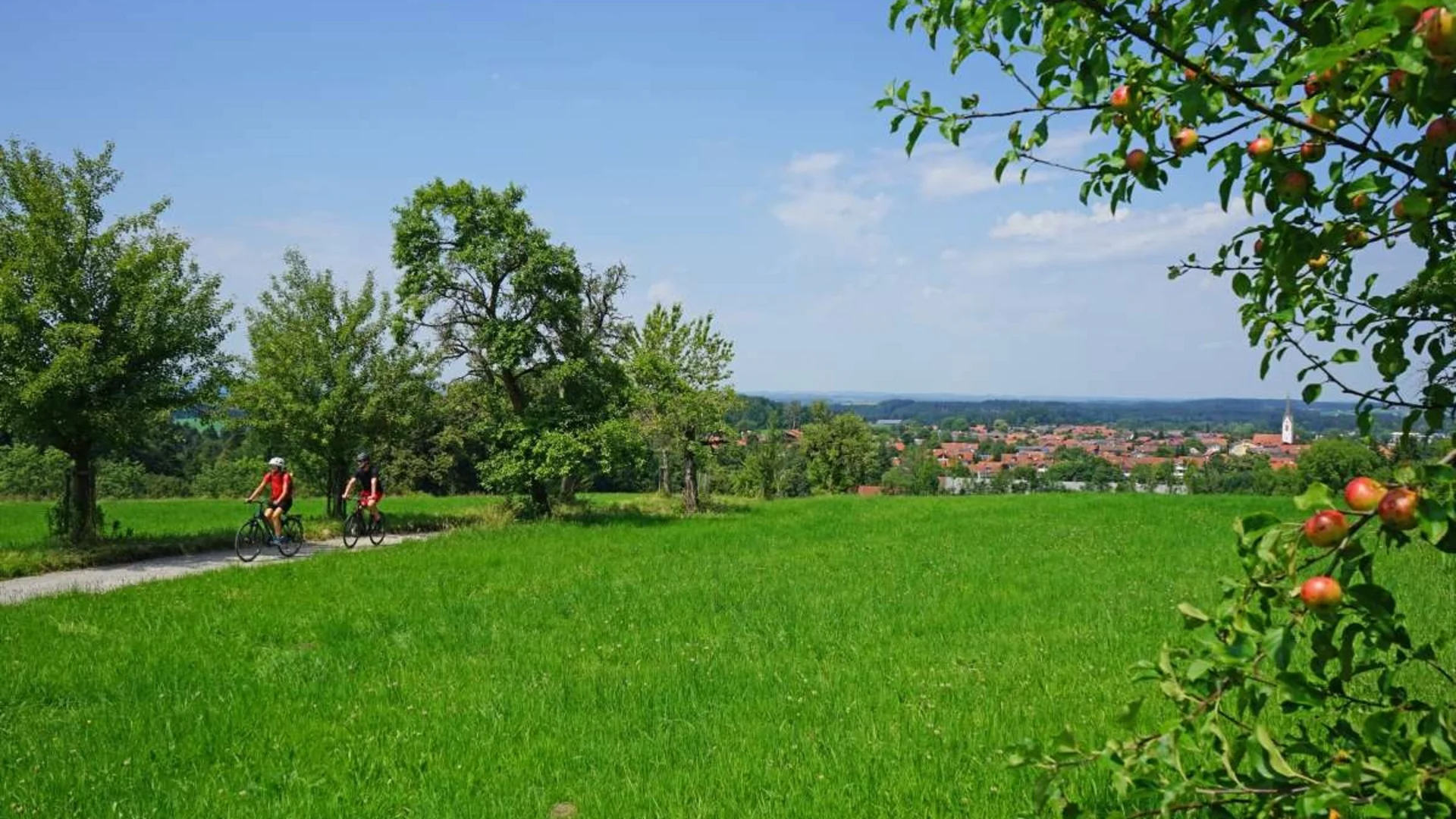 Zwei Radfahrer auf einem Weg in grüner Landschaft mit Dorf im Hintergrund