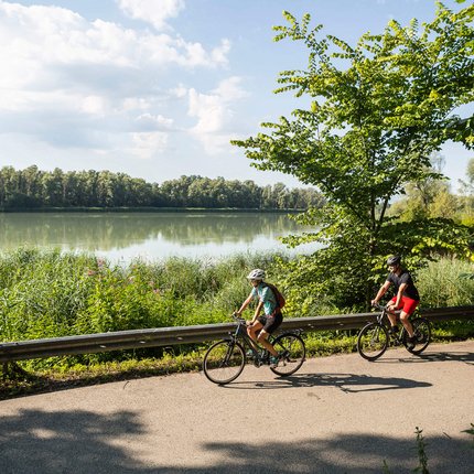 Zwei Radfahrer fahren auf einem Weg neben einem See im Grünen.
