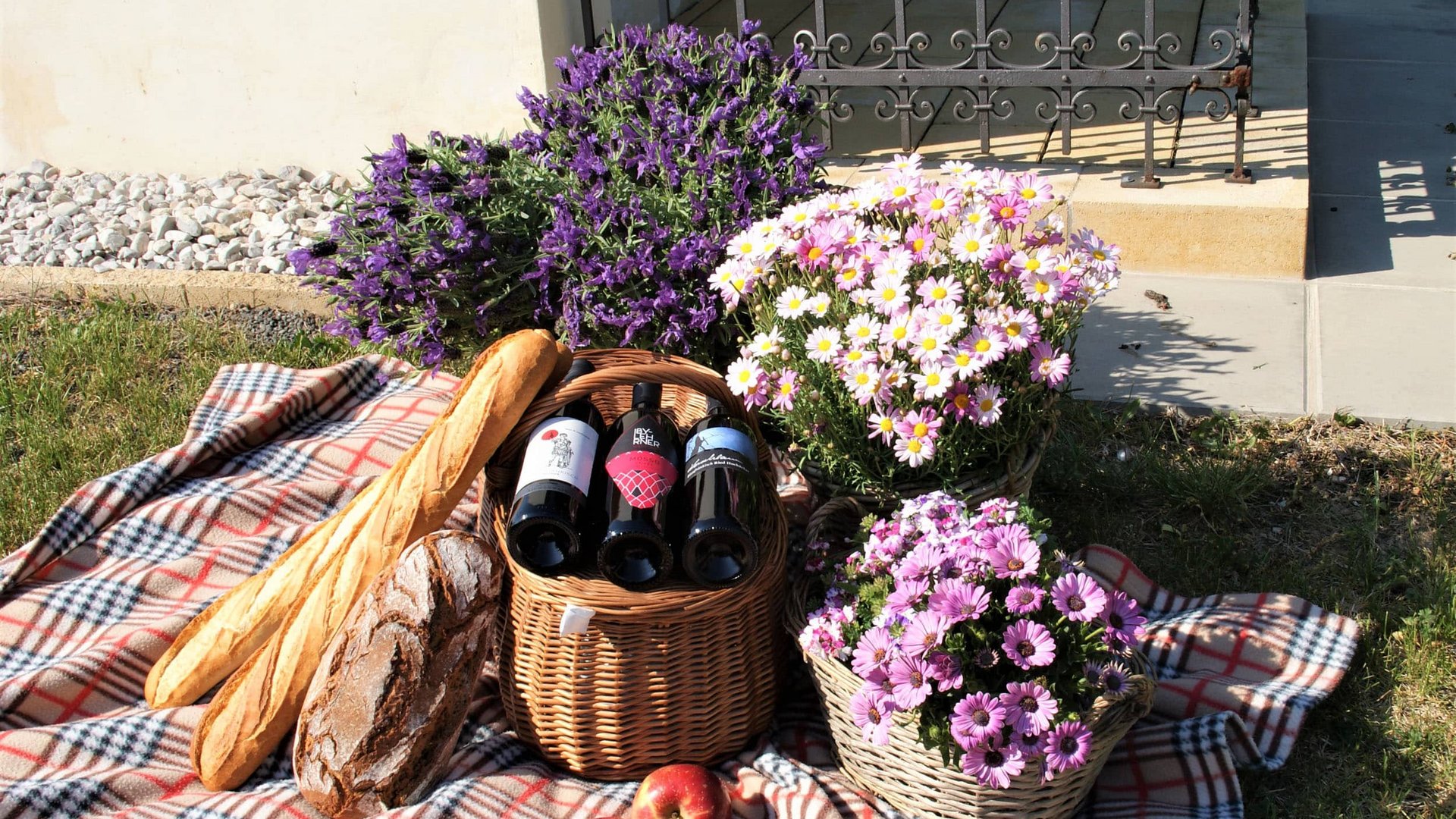 Picnic setup with wine bottles, bread, apples, and flowers on a checkered blanket