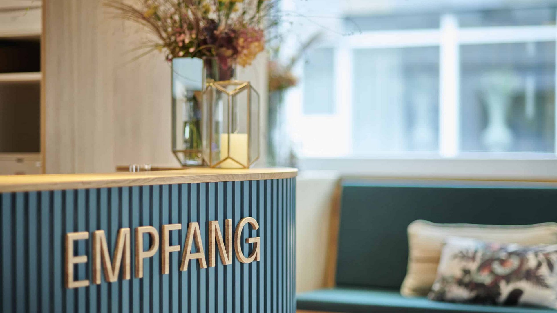 Reception desk with decoration in a modern waiting area