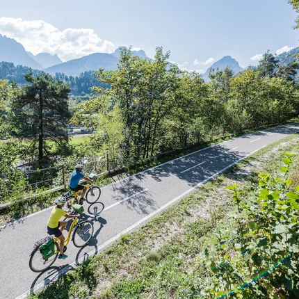 Twee fietsers fietsen op een bergpad door een bosrijk landschap
