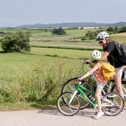 Woman with two children on bikes in countryside