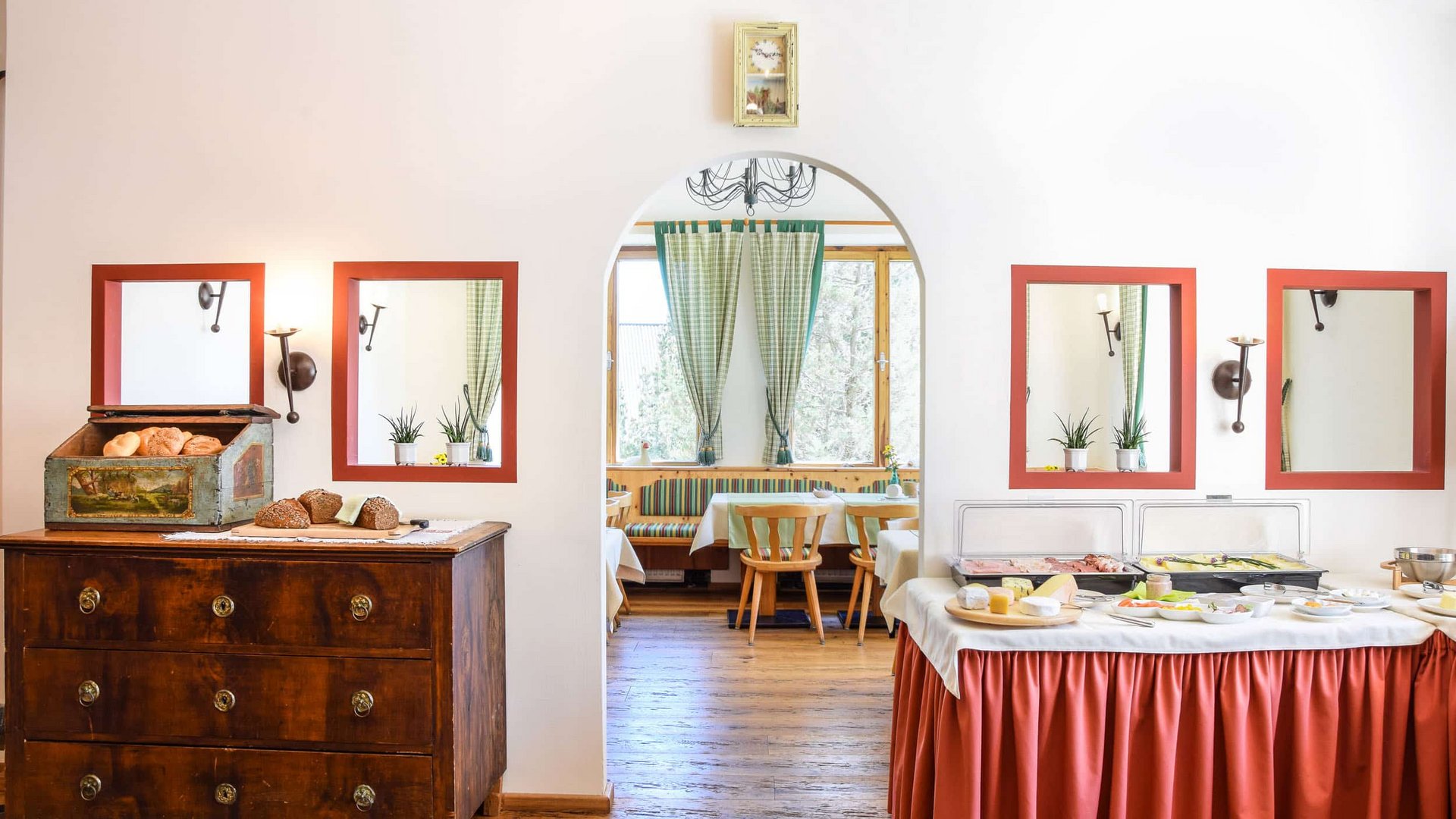 Breakfast buffet with bread and cold cuts in cozy restaurant