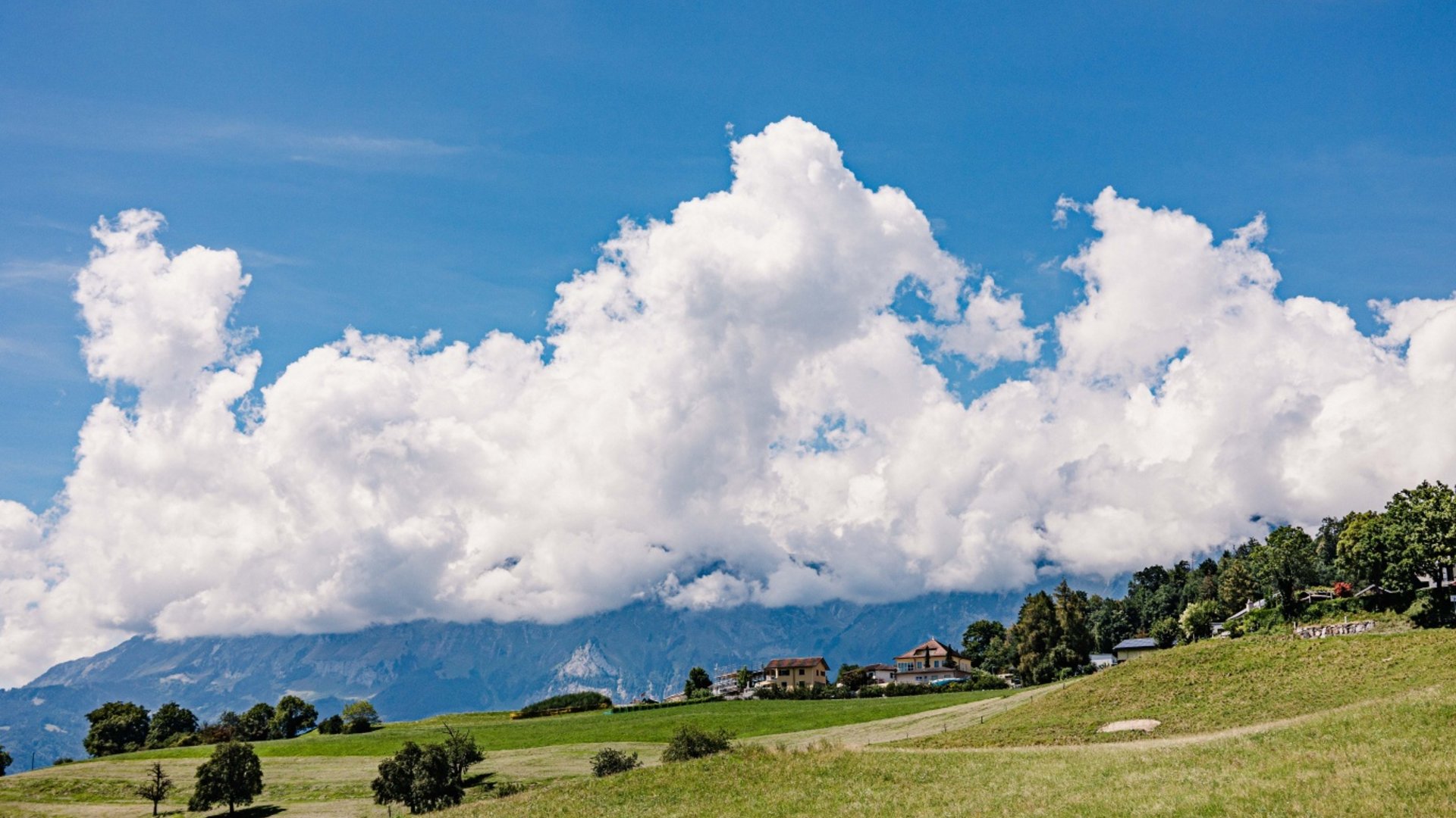 Green meadow with houses and mountains under a blue sky with white clouds
