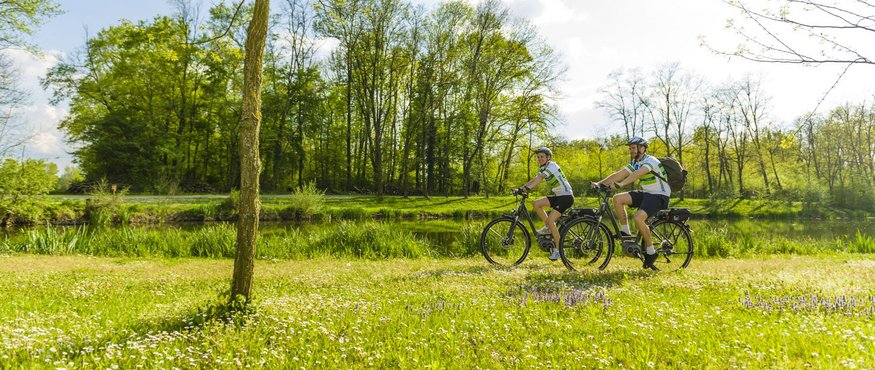 Zwei Radfahrer fahren entlang eines Flusses in der grünen Frühlingslandschaft