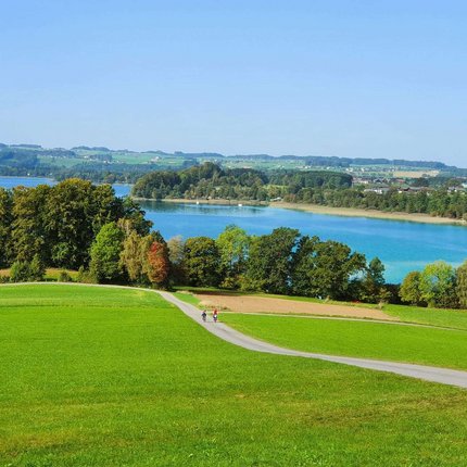 Green meadows, paths and a blue lake under a clear sky