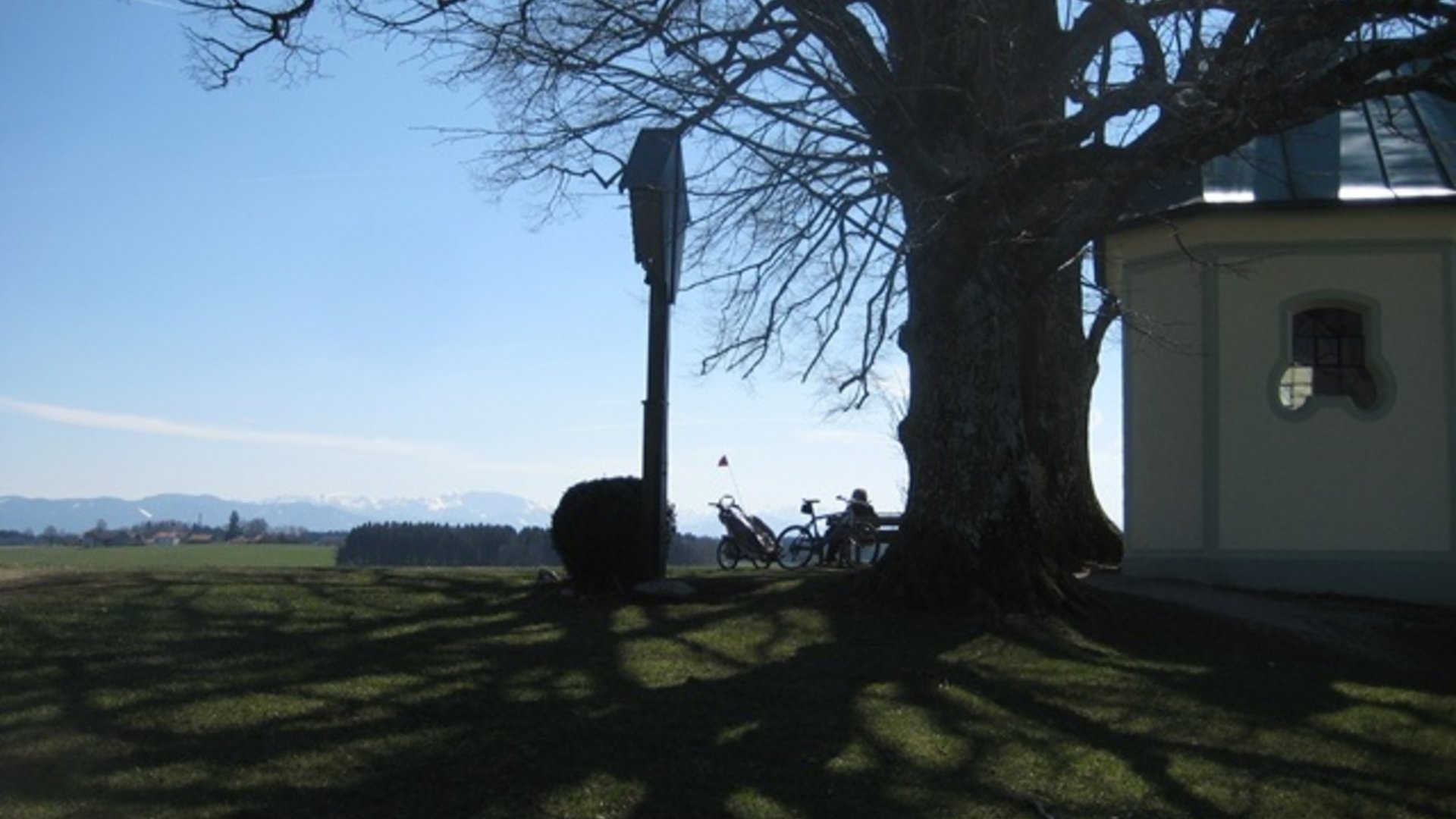 Shadow of large tree beside chapel with person sitting on bench