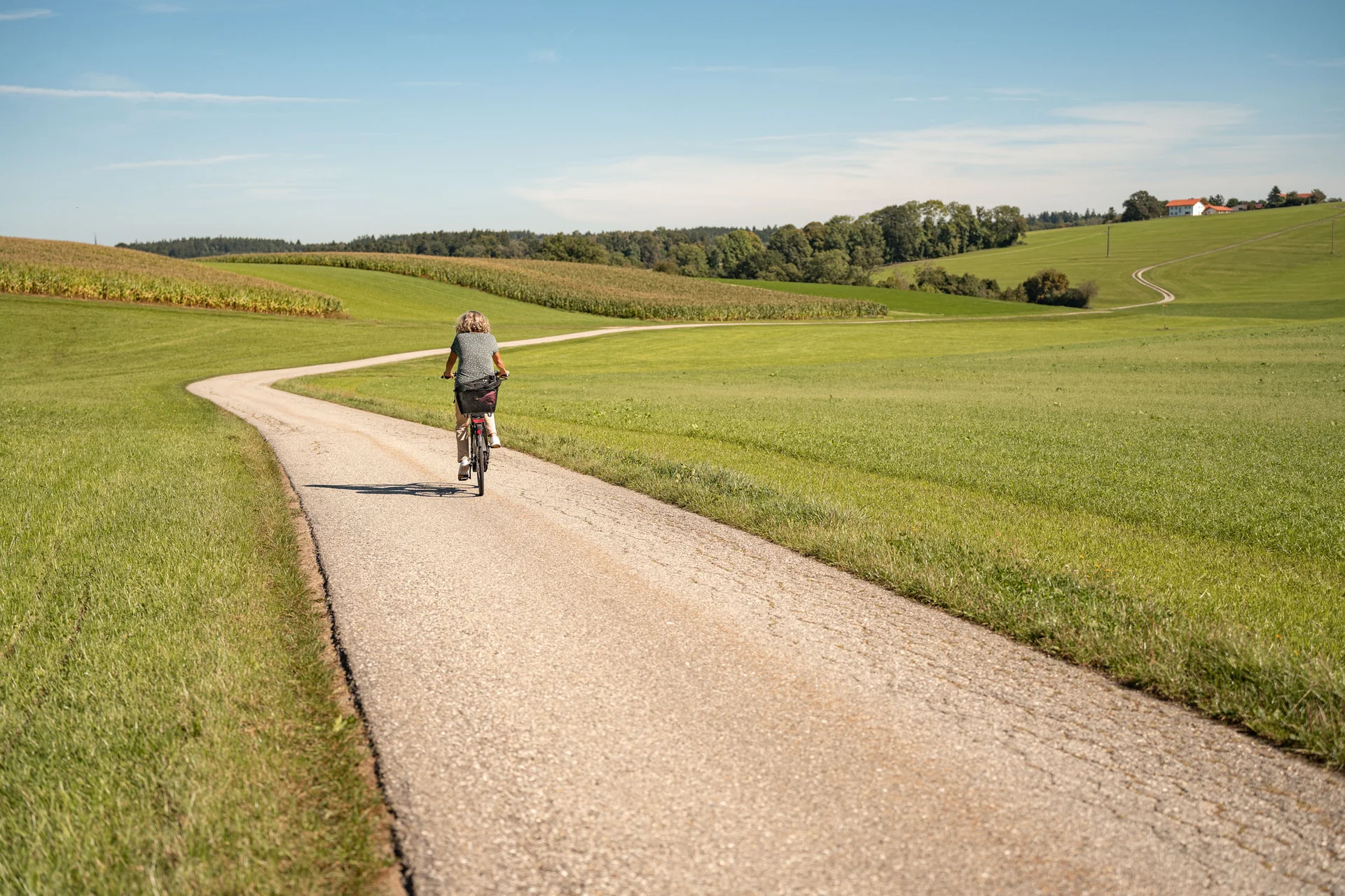Frau radelt auf Landstraße durch grüne Felder unter blauem Himmel
