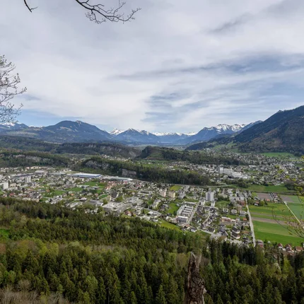 Uitzicht op een stad in een dal omringd door bergen en bossen