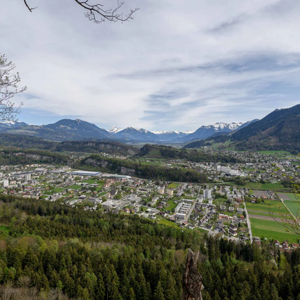 View of a town in a valley surrounded by mountains and forests