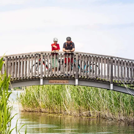 Twee fietsers op een houten brug over een rivier omgeven door riet