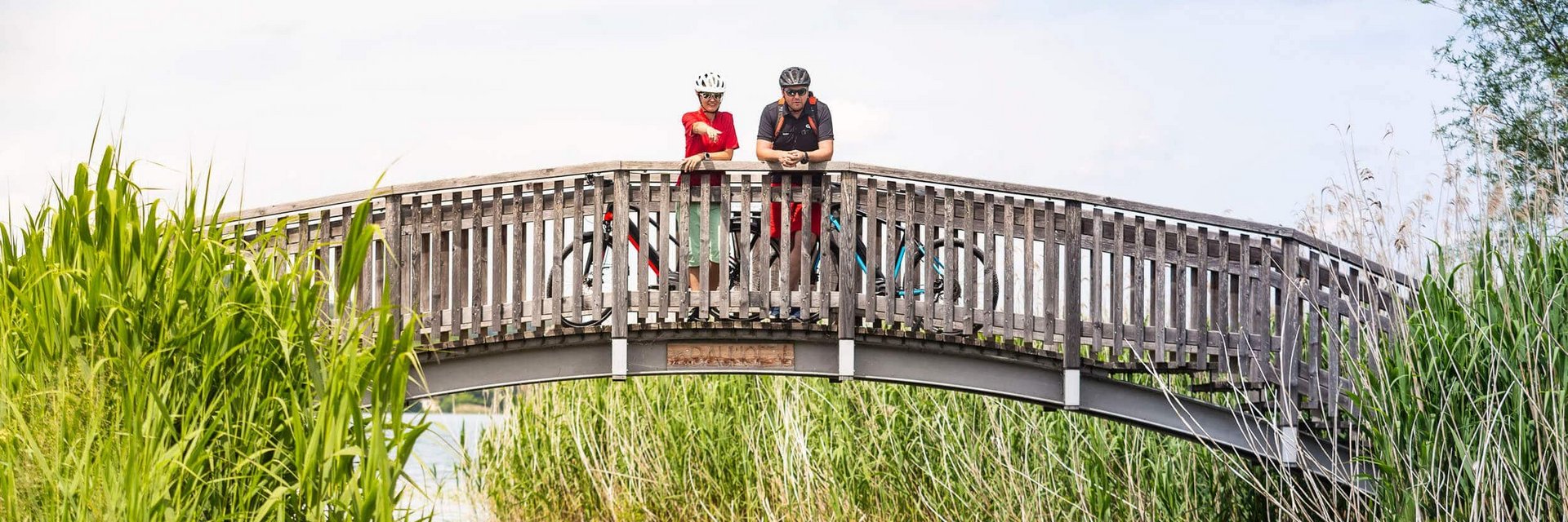 Two cyclists standing on a wooden bridge over a river surrounded by reeds