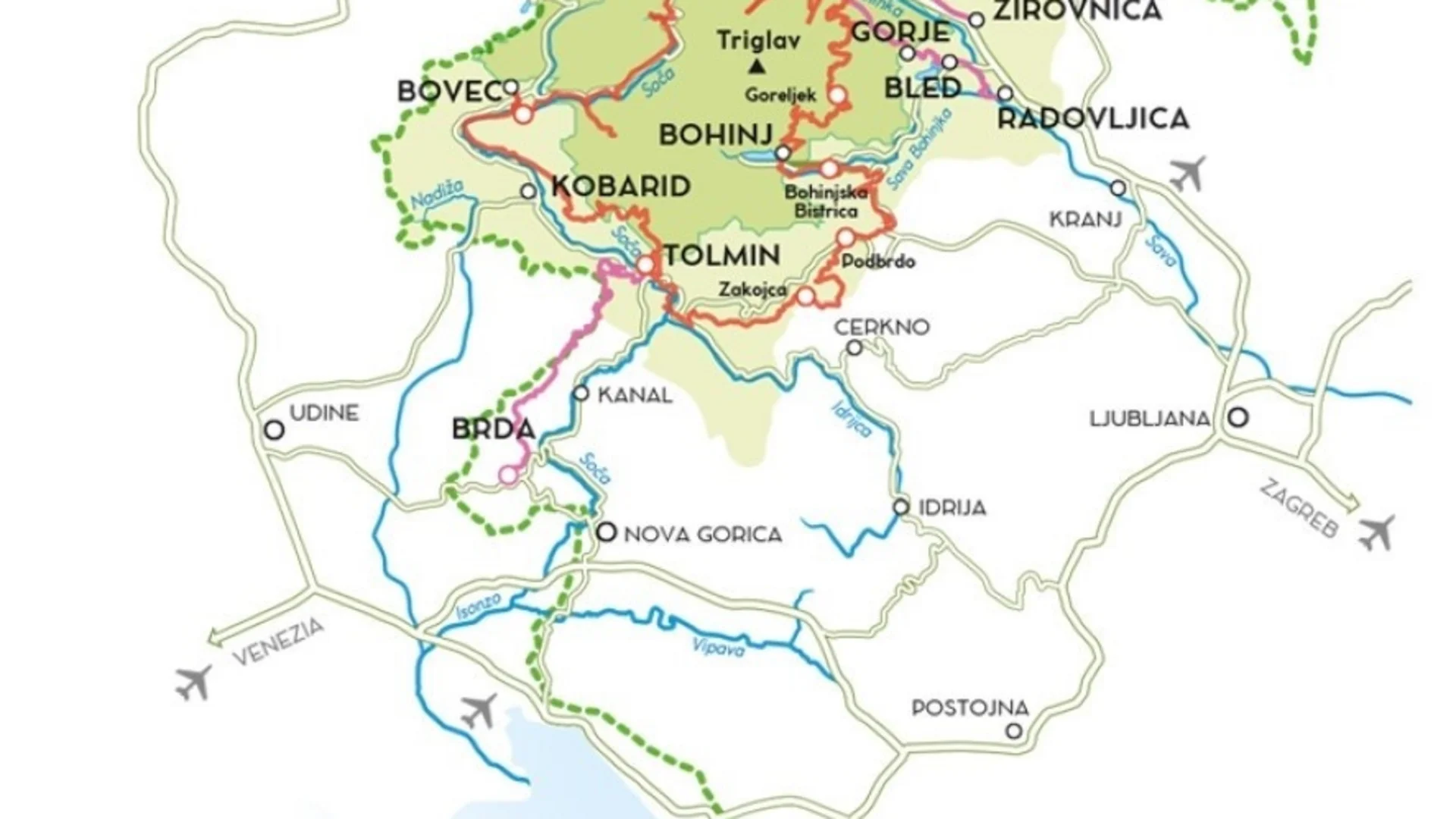 Kaart van de Julische Alpen en Triglav Nationaal Park in Slovenië met fietsroutes