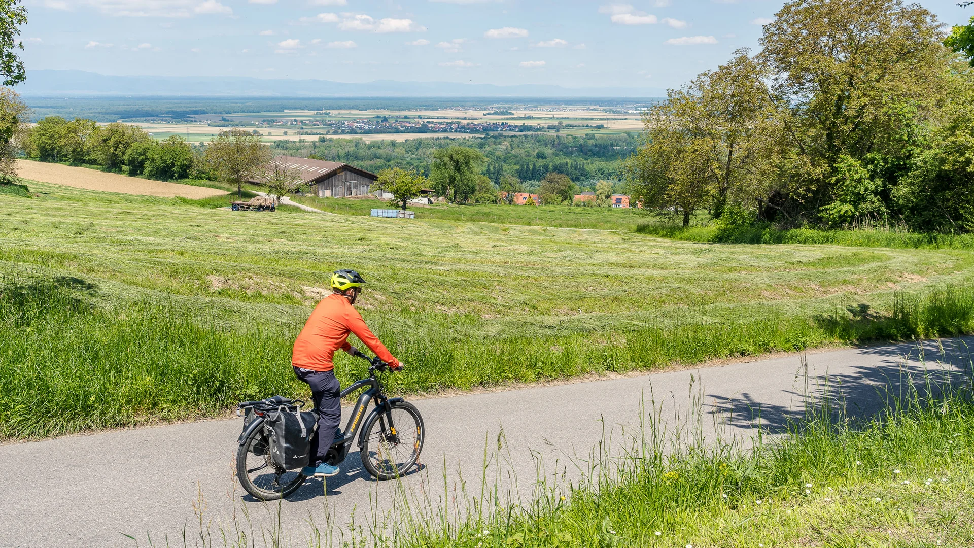Persoon fietst op landweg met groene velden en dorp in de verte