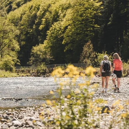 Traisental-Radweg Zwei Wanderer gehen am Flussufer entlang in einem bewaldeten Tal
