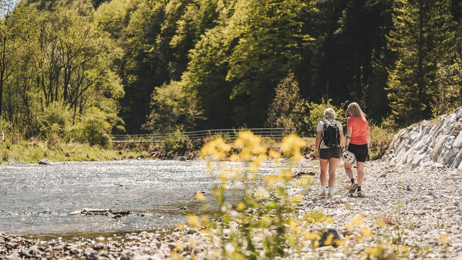 Traisental-Radweg Zwei Wanderer gehen am Flussufer entlang in einem bewaldeten Tal