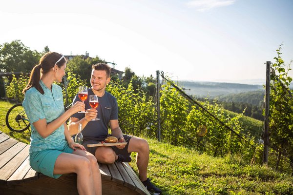 Couple drinking wine and enjoying snack in vineyard on sunny day