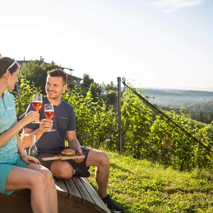 Paar trinkt Wein und genießt Snack im Weinberg bei Sonnenschein