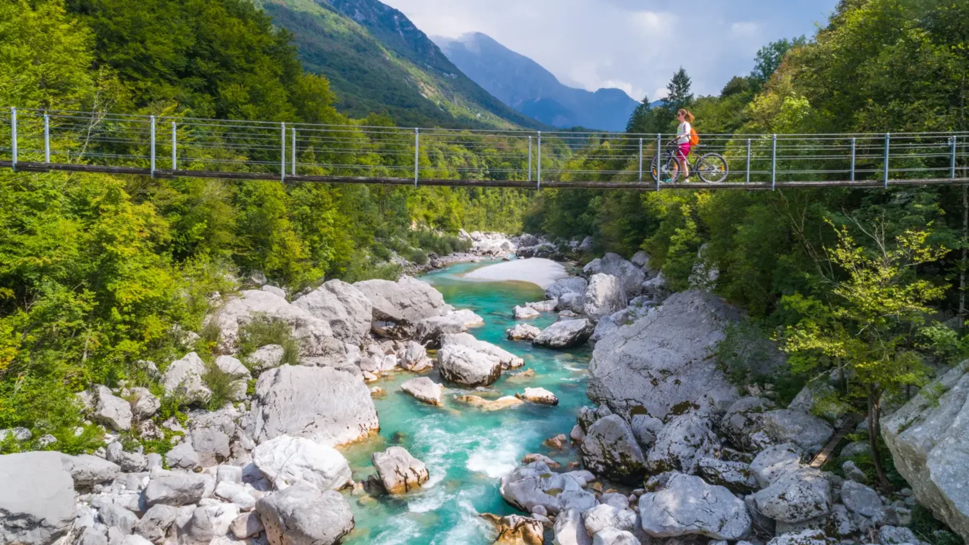Fietser op hangbrug boven turquoise rivier in bergachtig landschap