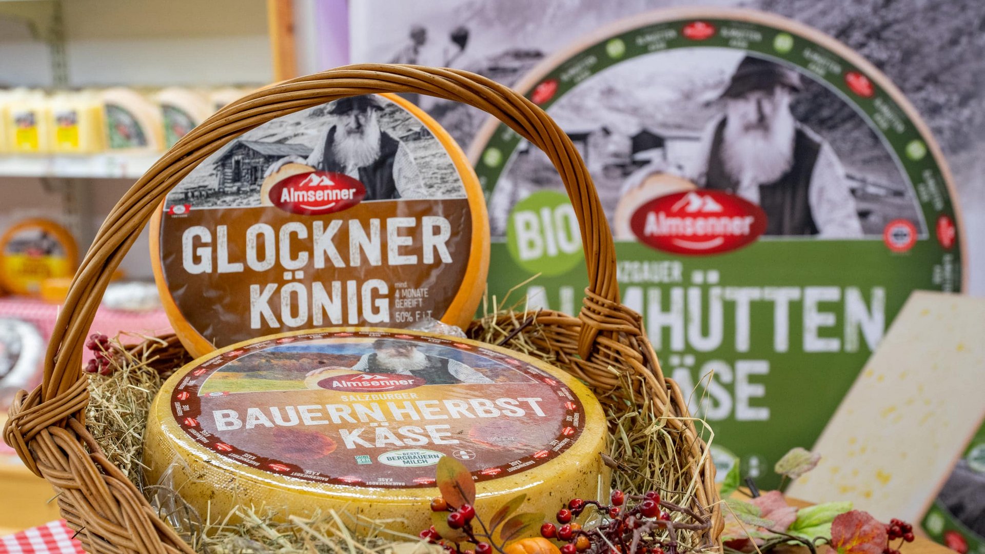 Cheese in basket with Almsenner Glockner König and Bauernherbst Kase