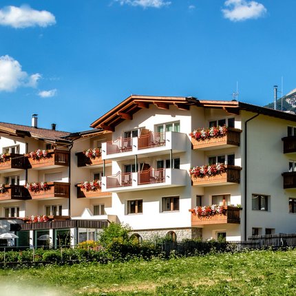 Alpine house with blue sky and mountains in the background