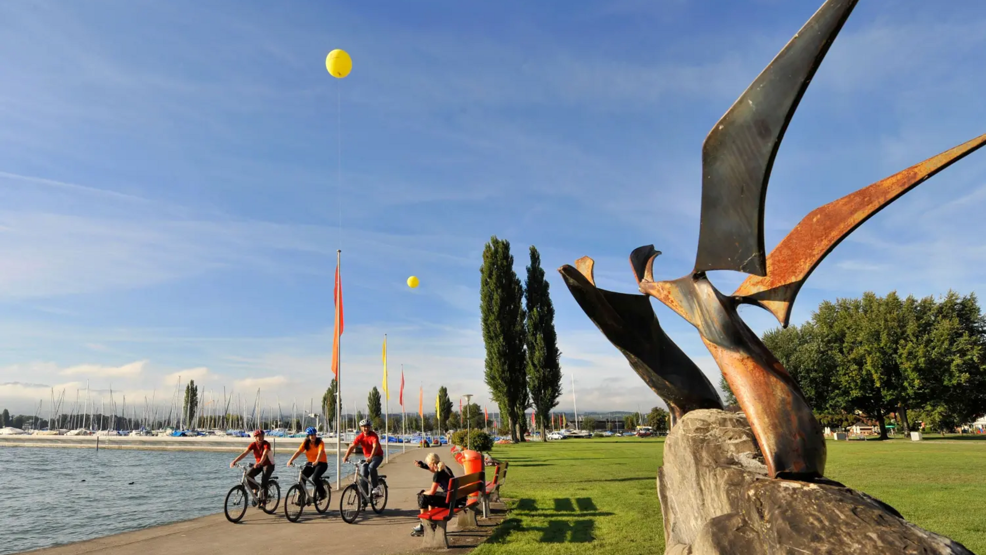 People cycling on lakeside path near metal sculpture and green lawn under blue sky