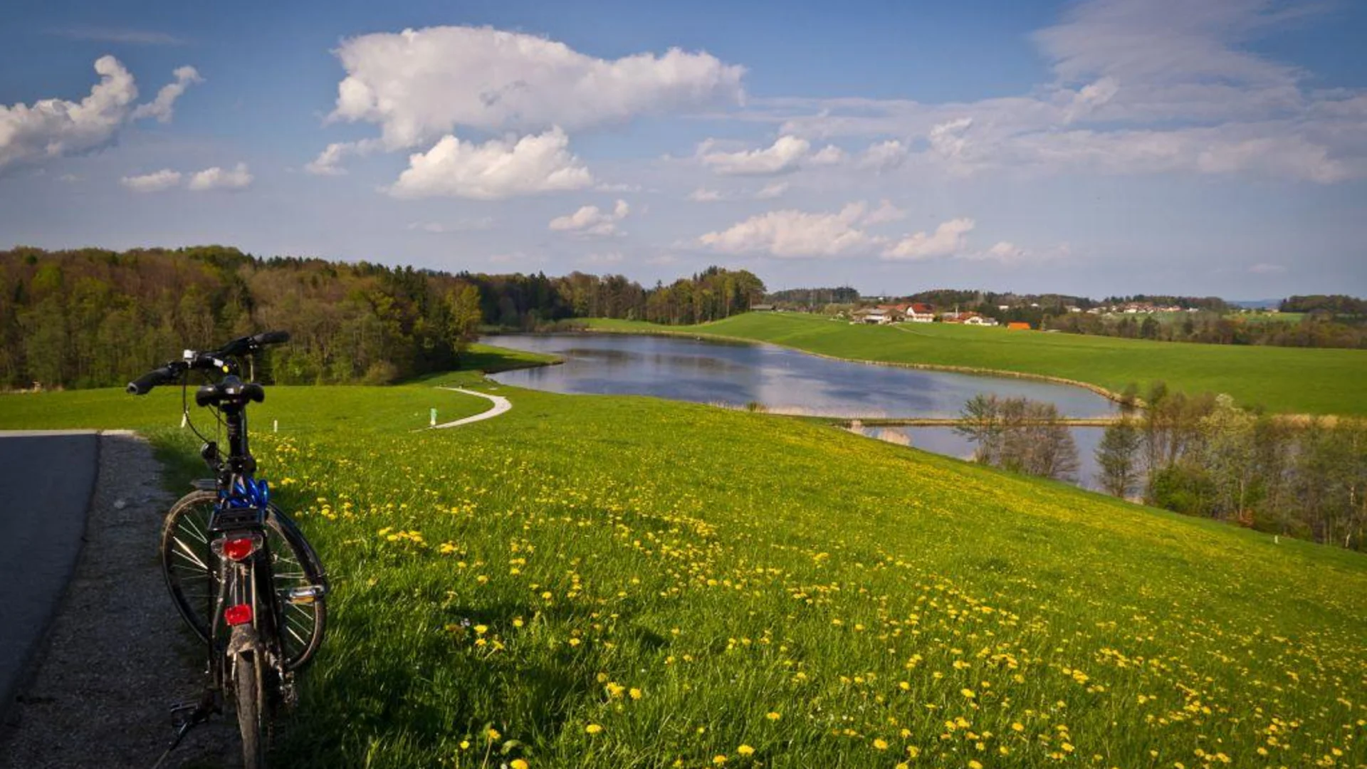 Salzburg - Anthering über die Hintertür © Gerald Fimberger Fahrrad an einem Weg mit grünem Hügel und einem See im Hintergrund