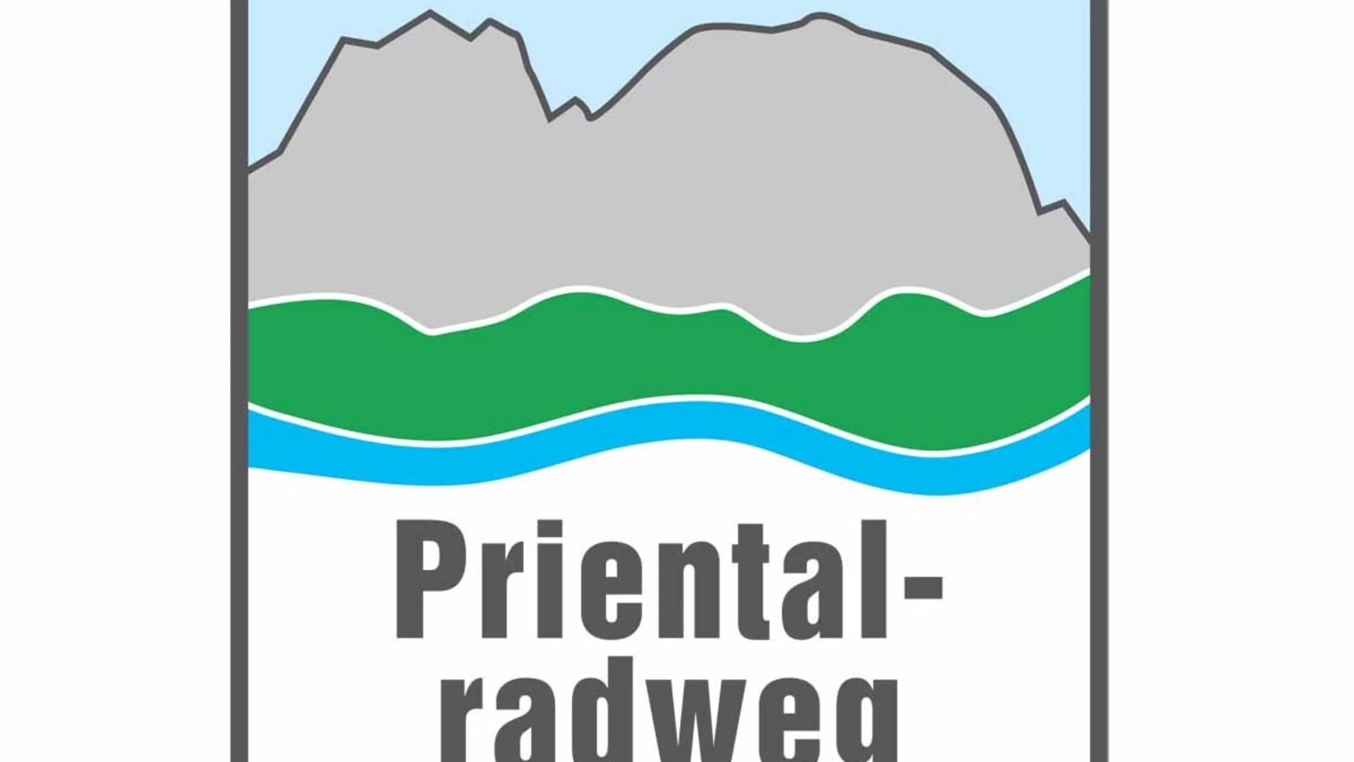 Schild Prientalradweg mit Berg, Wellen und grünem Tal