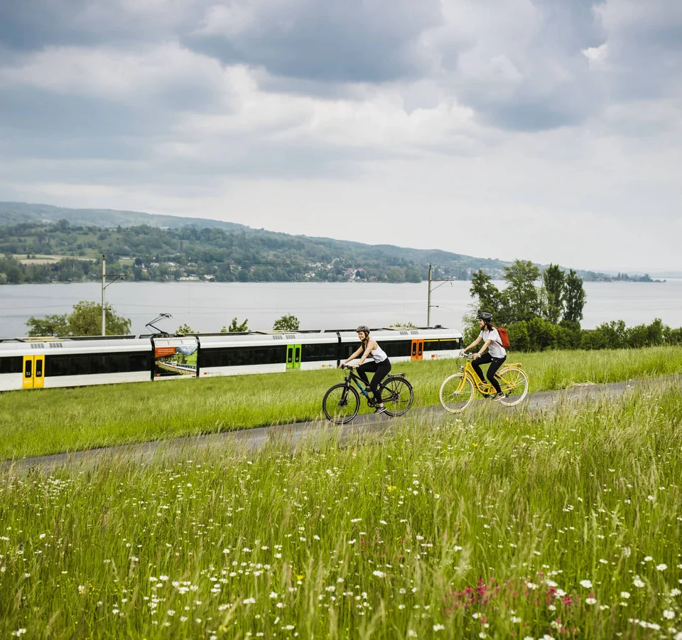 5 Radtouren durch den Thurgau © Ivo Scholz Zwei Radfahrer fahren auf einem Weg neben einer Bahnstrecke am See
