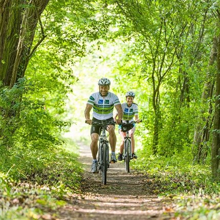 Two cyclists riding on a forest path