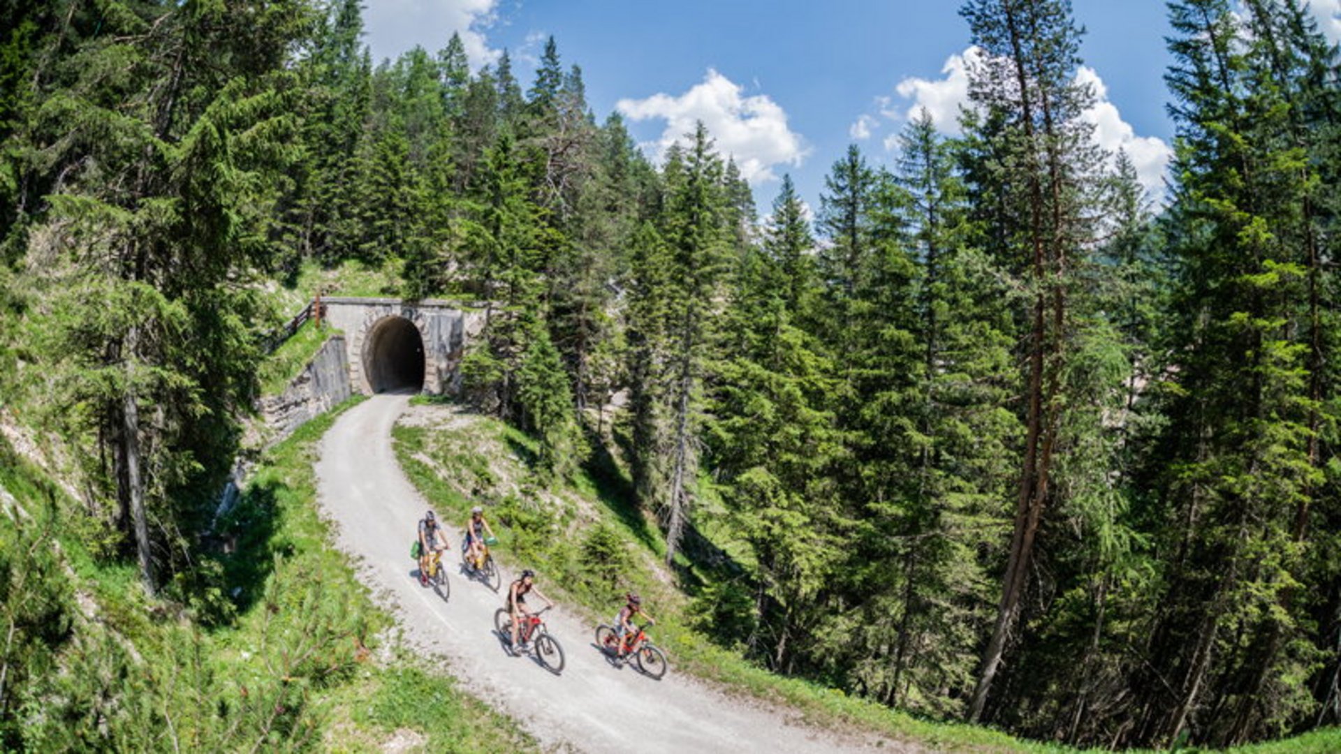 Four cyclists riding on forest trail exiting tunnel in mountain forest