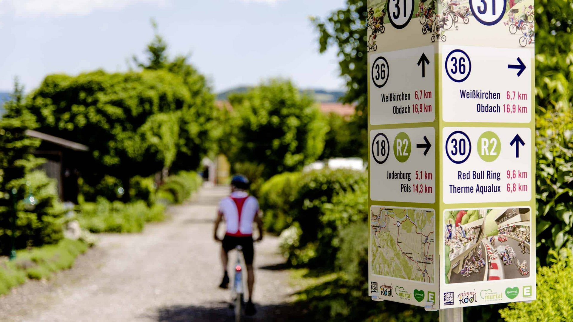 Bicycle route signpost with distances and directions on a forest path