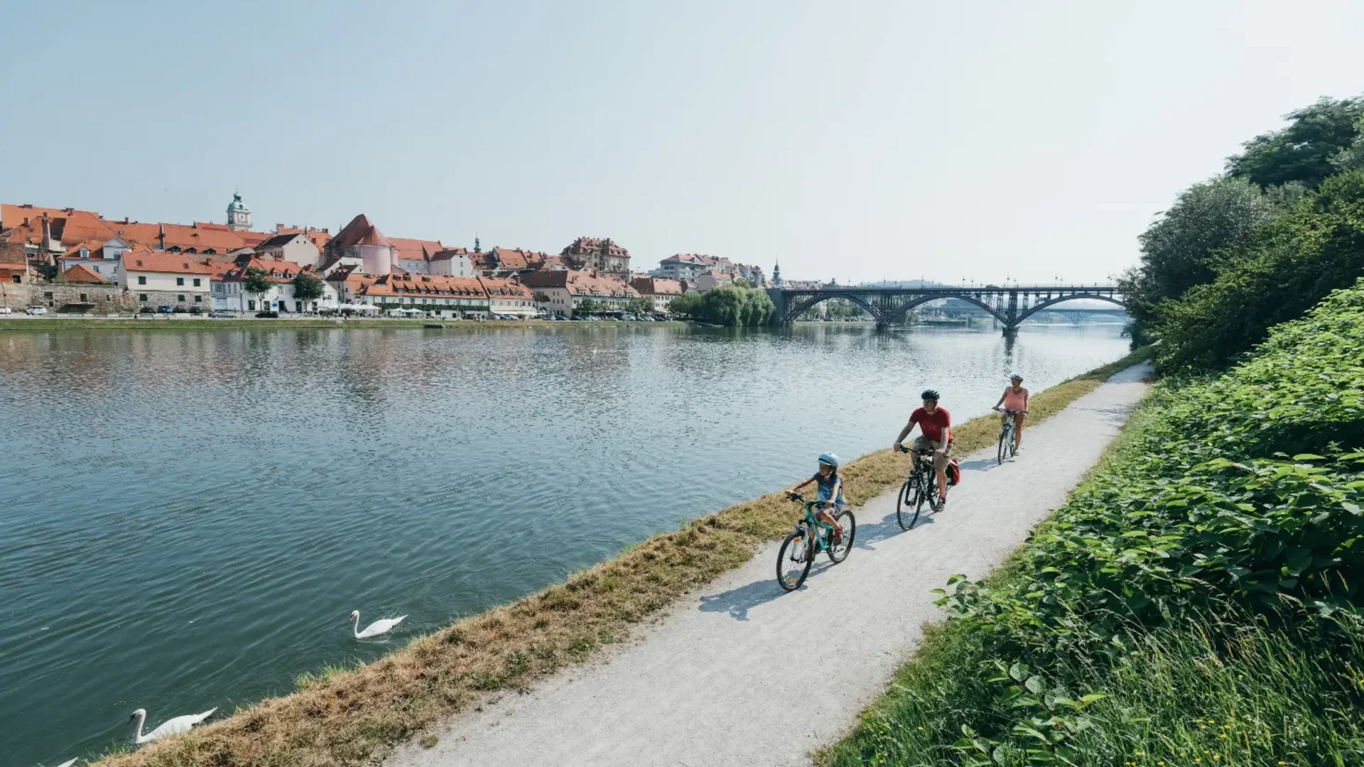 Gezin fietst op een pad langs de rivier met uitzicht op de stad en brug