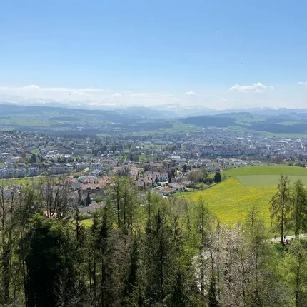 Panoramisch uitzicht op een stad met groene velden en bergen op de achtergrond
