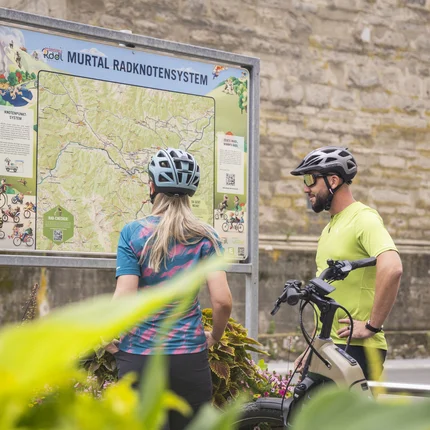 Radurlaub im Murtal: Zwischen Mur, Bergen & Motorsport © Velontour - Heiko Mandl Zwei Radfahrer schauen auf eine Karte des Murtal Radknotensystems