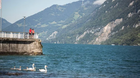 Zwei Radfahrer stehen auf einer Promenade am See mit Schwänen und Bergen im Hintergrund