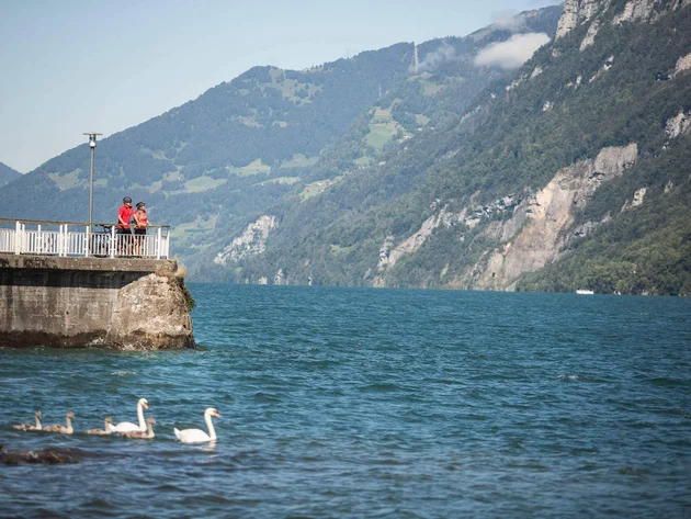 Zwei Radfahrer stehen auf einer Promenade am See mit Schwänen und Bergen im Hintergrund