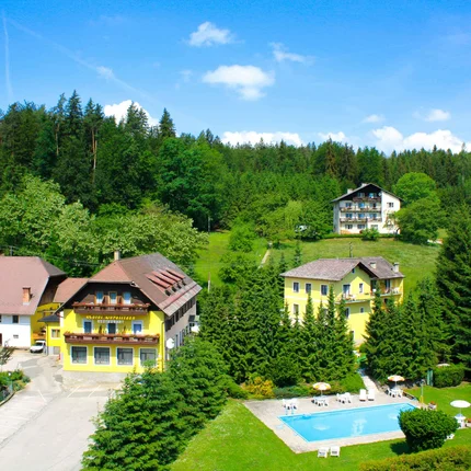 Ländliche Häuser mit Pool umgeben von grünen Bäumen und Wäldern unter blauem Himmel