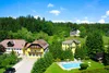 Collective enquiries Rural houses with pool surrounded by green trees and forest under blue sky