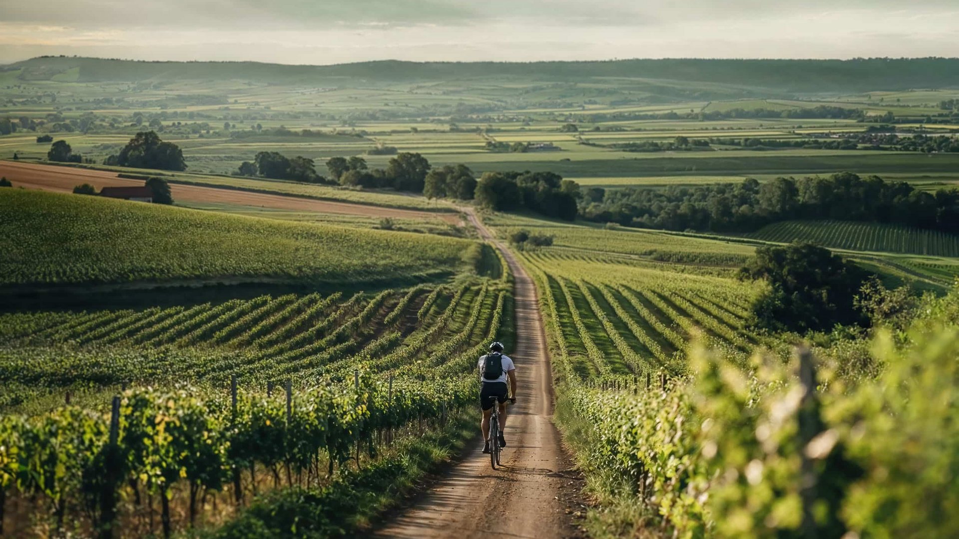 Cyclist on a dirt path through vineyards in a rural landscape