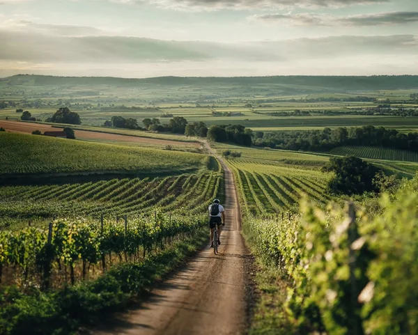 Radfahrer auf einem Feldweg durch Weinberge in einer ländlichen Landschaft