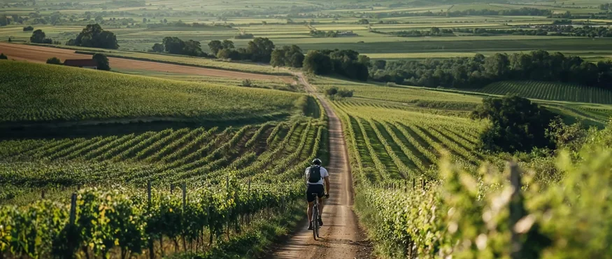 Radfahrer auf einem Feldweg durch Weinberge in einer ländlichen Landschaft